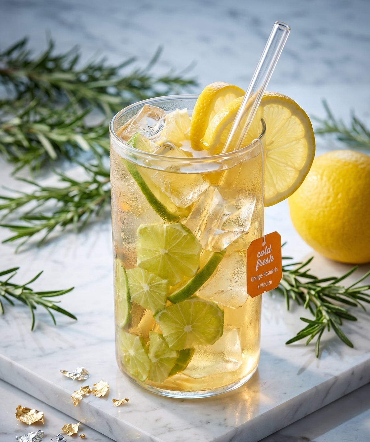 Nahaufnahme eines kalten Zitronen-Limetten-Drinks im JumboDrinx Glas mit Glasstrohhalm