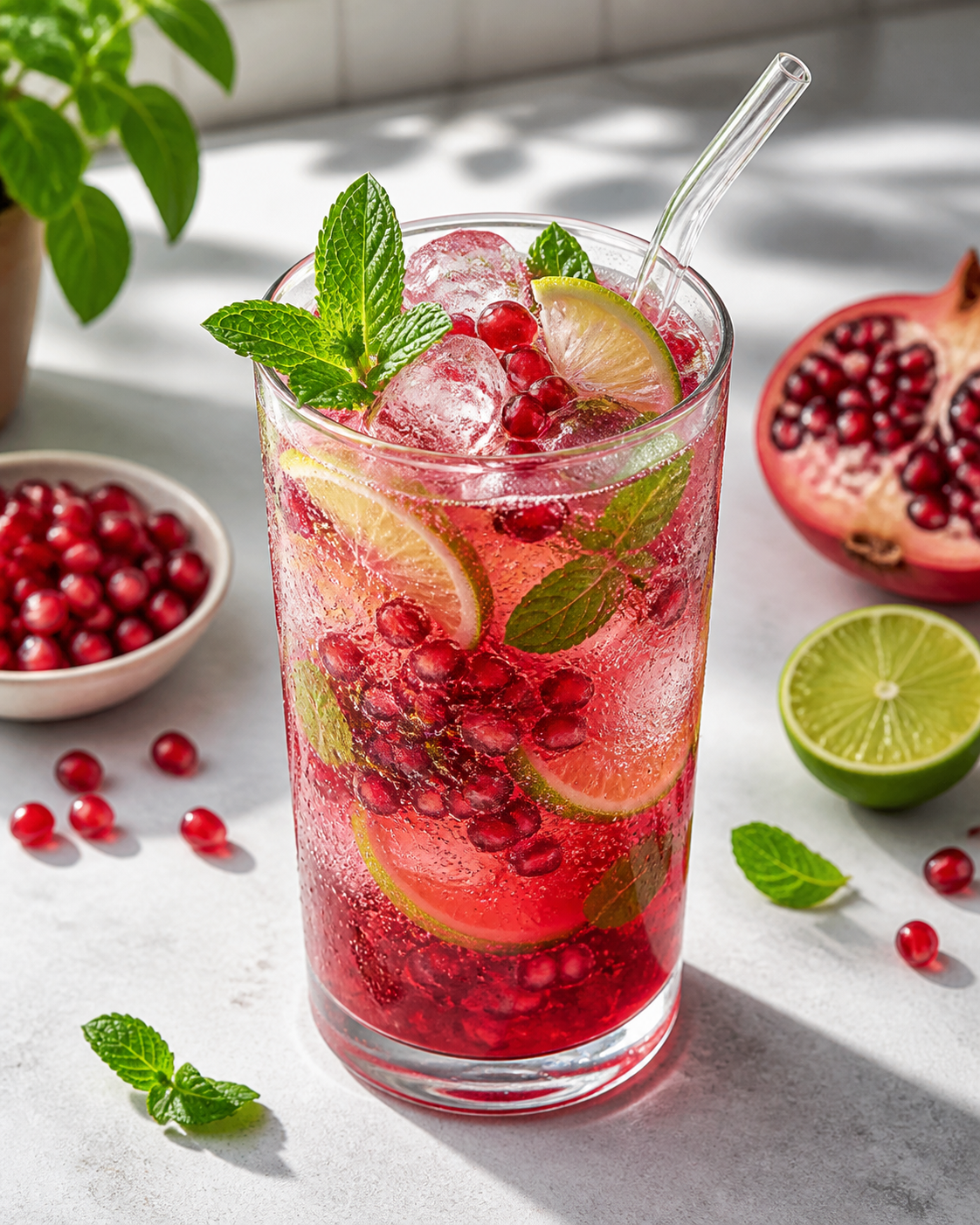 Neues Rezept: Granatapfel-Minze-Spritz mit Eis, Limette, Minze, Granatapfelkernen und Glasstrohhalm im JumboDrinx Glas