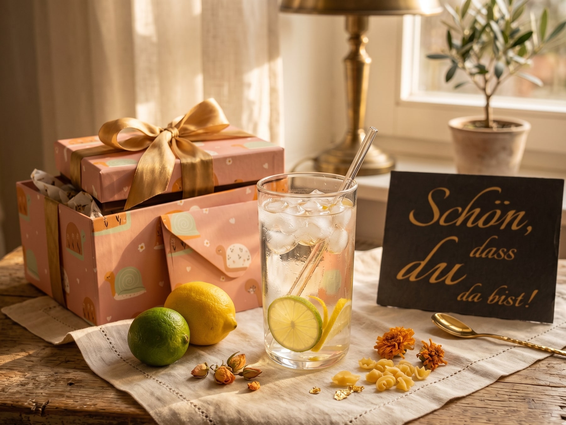 JumboDrinx Trinkglas mit Glasstrohhalm als Geschenkidee und Serviervorschlag mit Zitrus