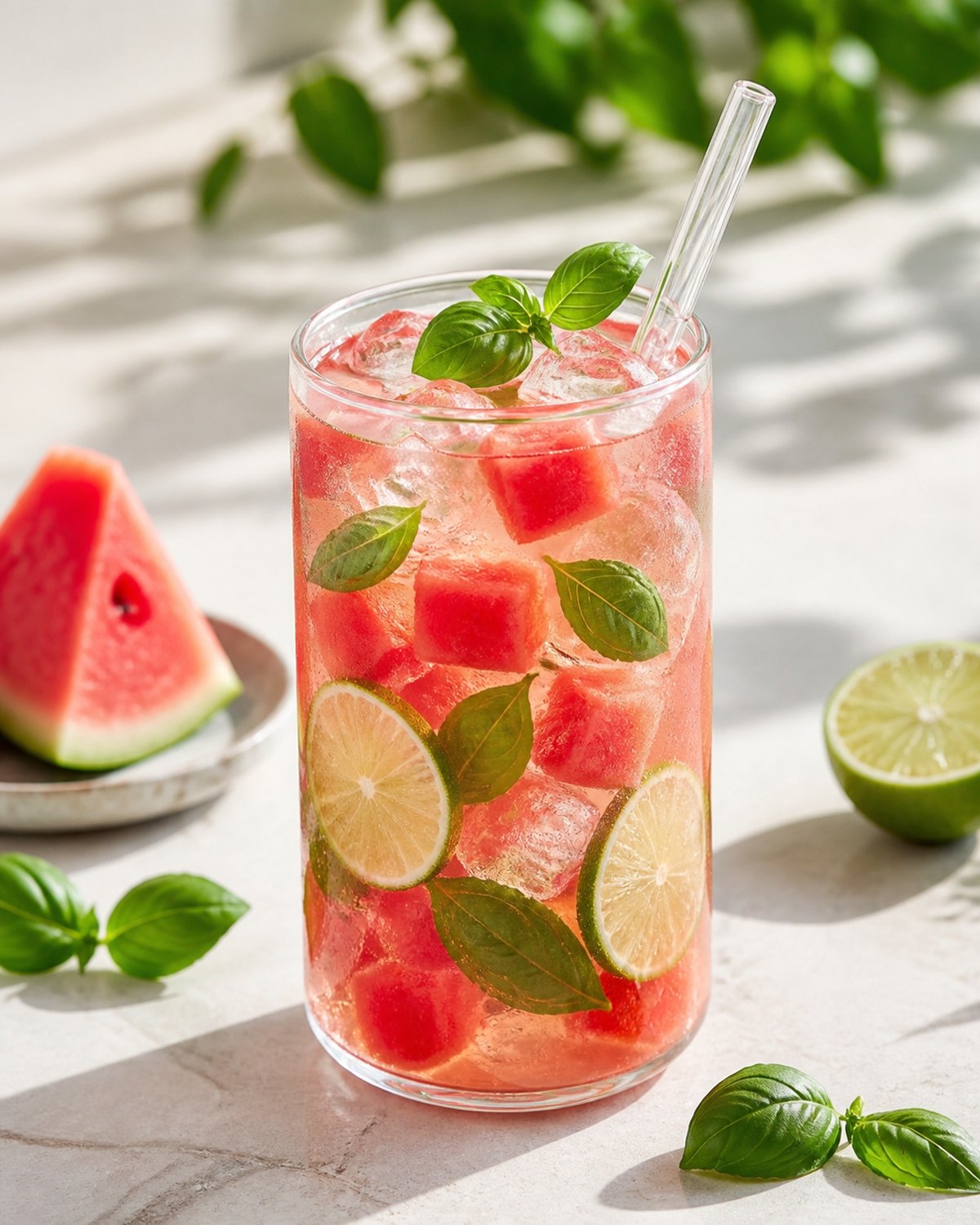 Kalter Wassermelone-Basilikum-Cooler mit Eis, Basilikum, Limette und Glasstrohhalm im JumboDrinx Glas